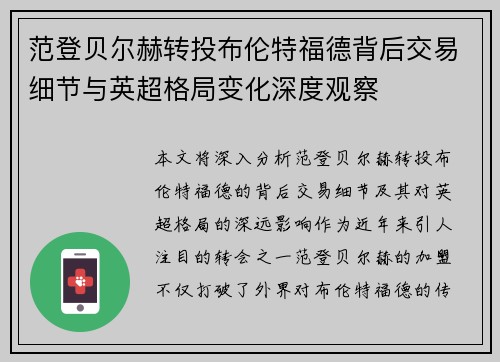 范登贝尔赫转投布伦特福德背后交易细节与英超格局变化深度观察